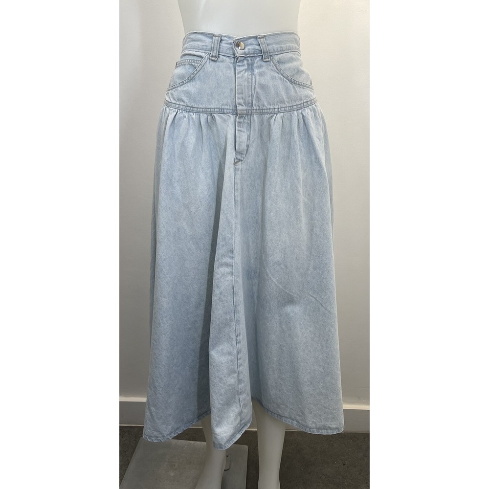 Vintage 80s Candie's Denim Skirt High Waist Midi Light Wash Waist 26" SEE FLAWS - Picture 2 of 16